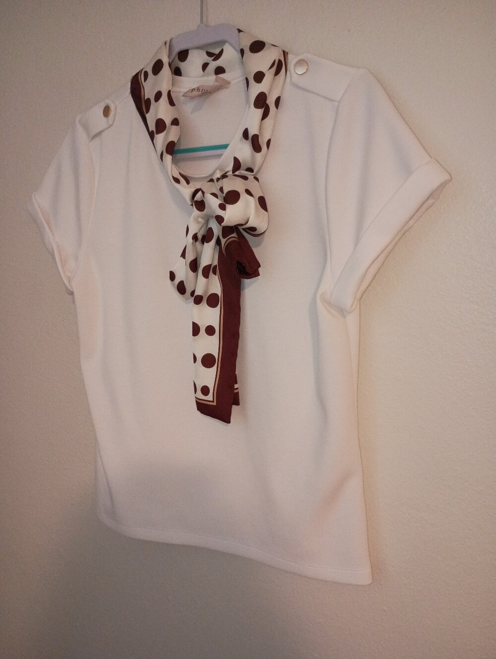 White Short Sleeve Top with Brown Polka Dot Scarf